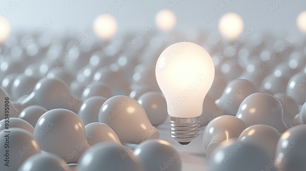 Fototapete 3d rendering of a single glowing light bulb among a field of white background bulbs, with clear spac