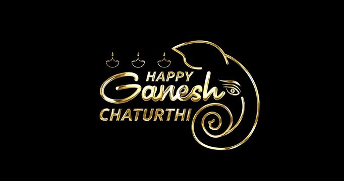 Happy Ganesh Chaturthi Text Animation with Alpha Channel. Handwritten Calligraphy Animated in Gold and Alpha Matte. Perfect for Celebrations, Banners, Social Media Feeds, Wallpapers, and Stories.