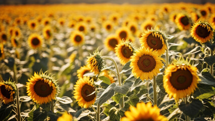 Fototapeta premium Field of sunflowers to the horizon with a beautiful sunset in the background