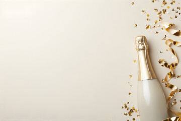 Christmas and New Year holidays background with champagne bottle and confetti on a neutral background. Flat lay. Greeting card, invitation with copy space. Blank for congratulatory text.
