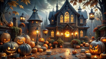 Spooky Halloween scene with a church and a pumpkin at night.