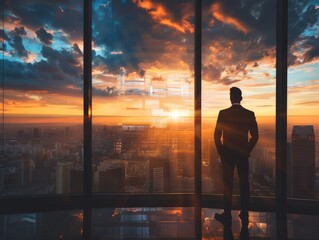 Business concept with sunset city view, businessman by window, panoramic background.