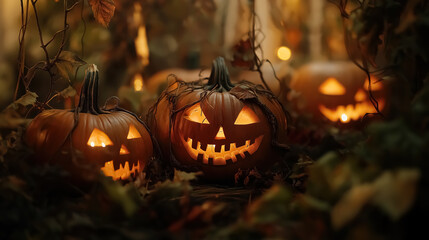 A group of Halloween pumpkins with detailed carvings, their eerie faces lit from within by flickering candles, surrounded by leaves and vines on a dimly lit surface