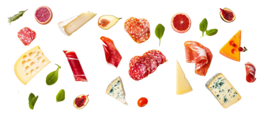 Set of isolated gourmet cheeses and cold cuts on transparent background. cut flower elements, garden themed designs. Top view high quality PNG." design elements, top view / flat lay.