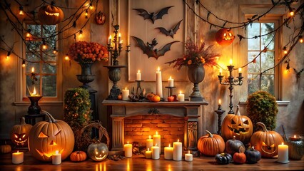 Obraz premium Spooky jack-o-lantern pumpkins lit with candles in the dark, carved faces glowing in the autumn night and a bats on the wall.