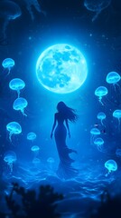 Obraz premium A woman stands in the ocean illuminated by a glowing moon as jellyfish float around her.