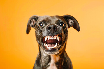 Angry dog baring its sharp teeth with an intense expression against a vibrant orange background.