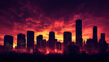 Silhouetted cityscape with fiery sunset sky.