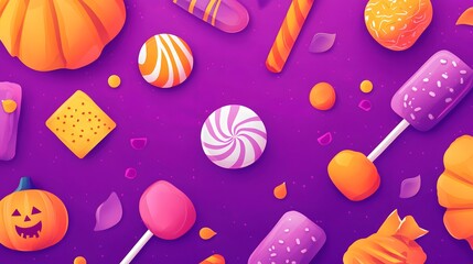 Purple background with Halloween candy, pumpkins, and treats.  Perfect for a festive backdrop.