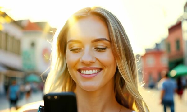 German Woman Smiling While Using Mobile Phone in Cape Town
