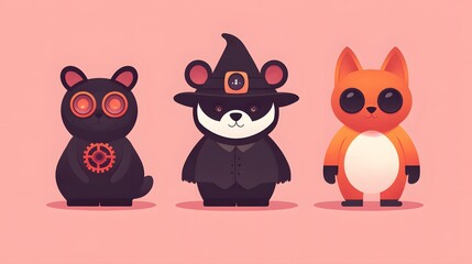 Obraz premium Three adorable cartoon animals dressed in Halloween costumes. A witch bear, a black bear and a fox.