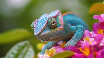 4K Realistic Camouflaged chameleon on colorful flower, changing colors,