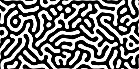 Abstract Turing organic wallpaper with background. Turing reaction diffusion monochrome seamless pattern with chaotic motion. Natural seamless line pattern. Linear design with biological shapes.