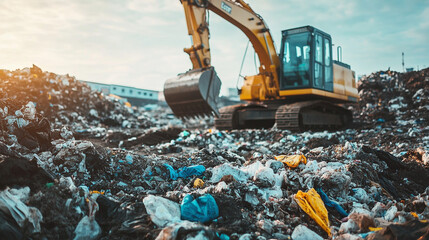 Obraz premium Excavator working in the background surrounded by piles of garbage.