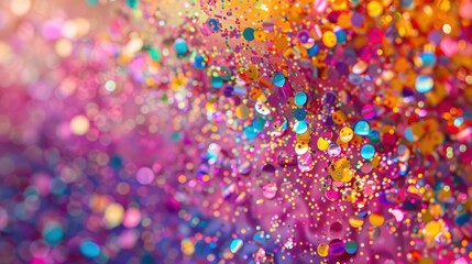A burst of colorful confetti and glitter, creating a lively and festive atmosphere with a mix of vibrant colors.