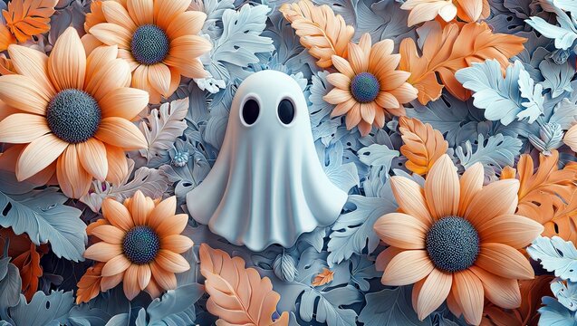 Ghostly Flower. A friendly ghost peeks out from a vibrant field of orange flowers and blue leaves.