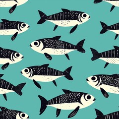 Fototapeta premium Seamless pattern: art printed black and white fish on a solid blue-green background. AI generation