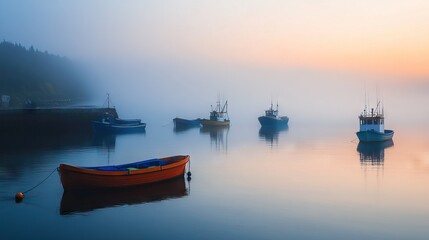 Fototapeta premium Quiet Harbor at Dawn with Colorful Fishing Boats Bobbing on the Water and Mist Rising from the Sea. AI generated illustration