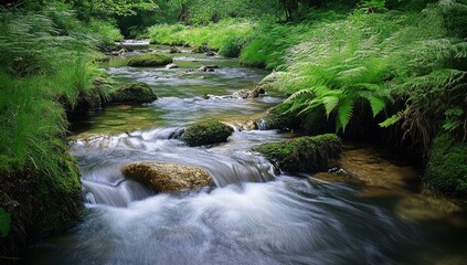 Flowing stream in lush, green forest.