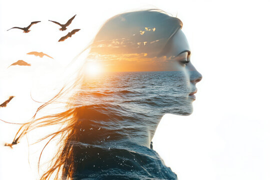 Double exposure of a woman's profile blending with the ocean at sunset, symbolizing inner peace and freedom