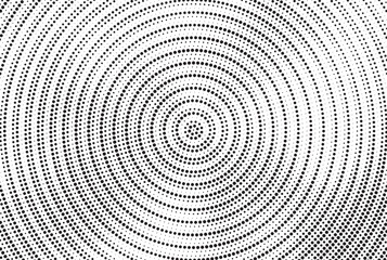 Radial halftone gradient background. Dotted concentric texture with fading effect. Black and white circle shade wallpaper. Grunge rough vector. Monochrome backdrop