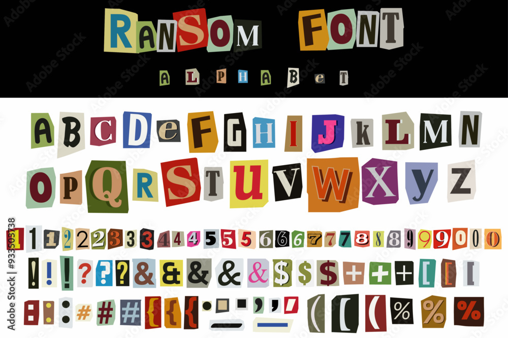 Fototapete ransom font collage style vector letters alphabet. cut out blackmail or ransom kidnapper anonymous n