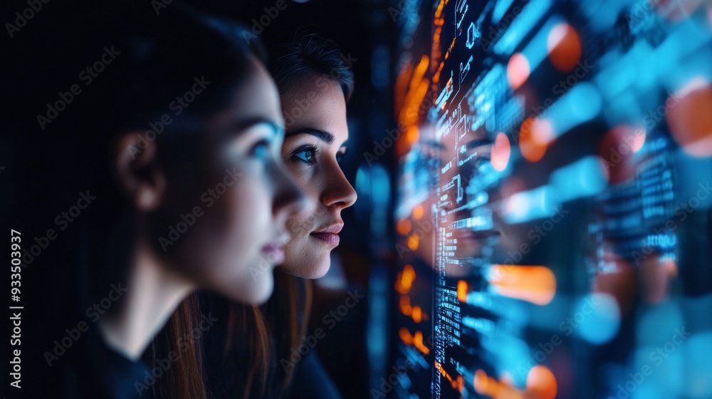 Poster ai cybersecurity threat concept. multiethnic it team analyzing data, side profile