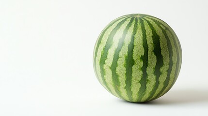 A whole watermelon with green rind on solid white background, single object