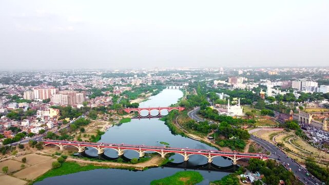  Aerial view of bada Imambara complex on city road with rumi darwaza Islamic architecture built by nawab asaf-ud-daulain 1784, lucknow, uttar pradesh, India, asia.