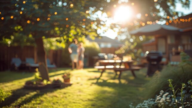 Sunlit backyard with people socializing, a perfect setting for summer gatherings, barbecues, and outdoor relaxation.