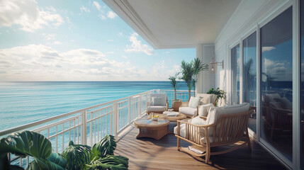Fototapeta premium Coastal-style balcony with comfortable seating