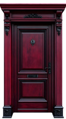 Classic wooden dark red framed door isolated on white background
