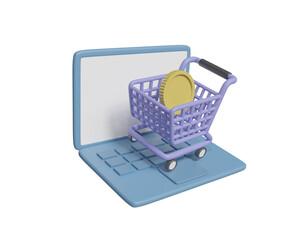 3D illustration of online shopping concept with smart spending and digital convenience with laptop icon. shopping cart and coins isolated on transparent background.