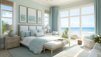 Coastal-style master bedroom with soft calming color
