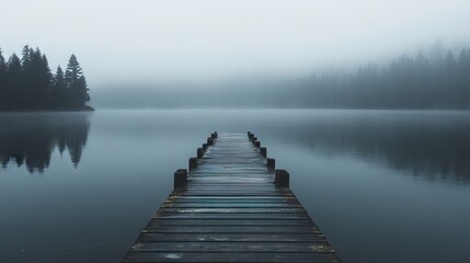 Naklejka premium Weathered Wooden Pier Extending into a Foggy Lake with Calm Waters and Dense Forest Barely Visible in the Distance. AI generated illustration