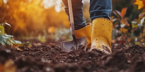 Fototapeta premium Gardener wearing yellow boots and digging soil with a spade in a vibrant autumn garden, capturing the essence of seasonal farming and outdoor work