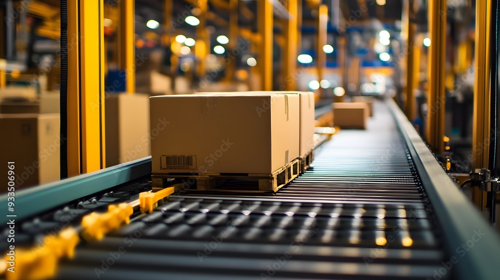 Poster efficient automated warehouse conveyor system transporting cardboard boxes for distribution in an in