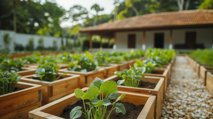 A community garden dedicated to sustainable development, featuring renewable energy sources, bio-based materials, and practices focused on natural resource regeneration and environmental conservation.