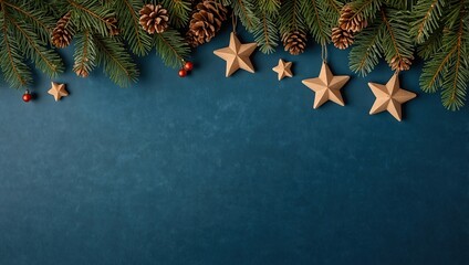 Christmas frame. Top view fir tree branches with cones and wooden handmade stars over blue background. Xmas or New Year banner mockup, greeting card