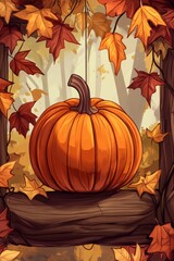 'An illustration of a pumpkin encircled by a garland of fall leaves, hanging from a rustic wooden beam.'