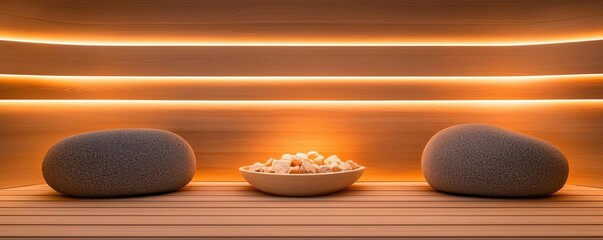 A spa s sauna room with wooden benches, soft ambient lighting, and natural stone accents, creating a warm and soothing environment