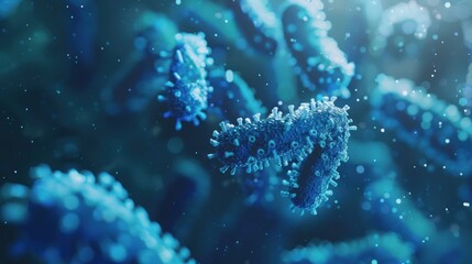 Fototapeta premium Close-up view of blue microorganisms under a microscope, showcasing their detailed structure in a scientific setting.