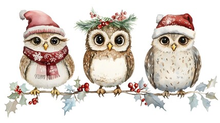 Fototapeta premium Festive Owl Trio in Seasonal Attire Perched on Snowy Branch