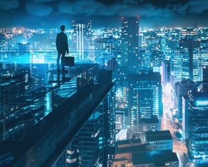 Obraz na płótnie Canvas Businessman on office roof, night cityscape, briefcase, blue tone, cinematic wide-angle photo-real style.
