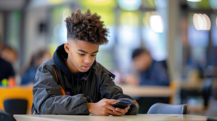 African American Teenager Using Smartphone in a Cafeteria Setting. Generative ai