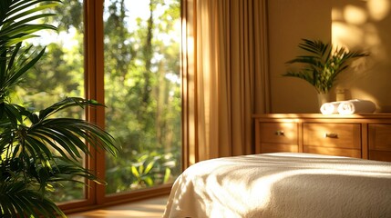 A spa treatment room with wooden cabinetry, soft linens, and natural lighting, offering a tranquil and peaceful environment