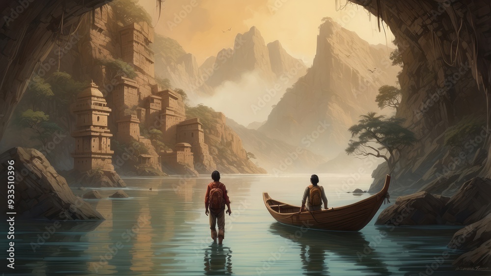 Wall mural Two Figures Approach a Misty Ancient City by Boat