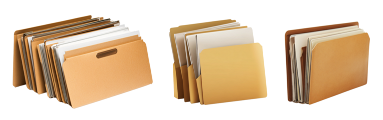 Set of Organized Brown File Folder with Documents on Transparent Background
