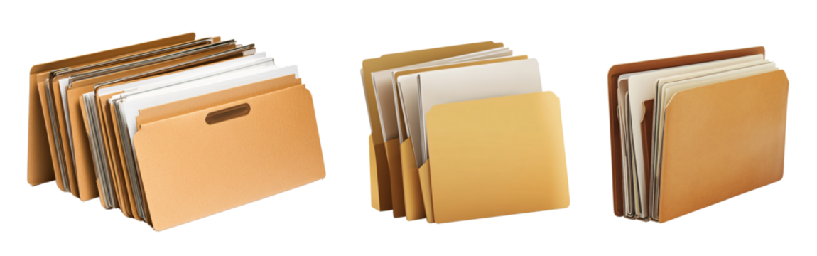 Set of Organized Brown File Folder with Documents on Transparent Background