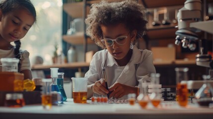 Multiracial Kids Conduct Chemistry Experiments in Science Lab - Educational Learning Environment and STEM Activities. Generative ai